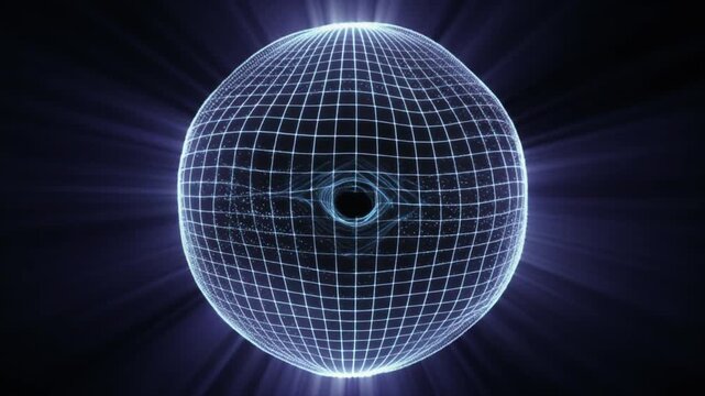 Glowing blue wireframe sphere emits light on dark background with grid pattern and central circle