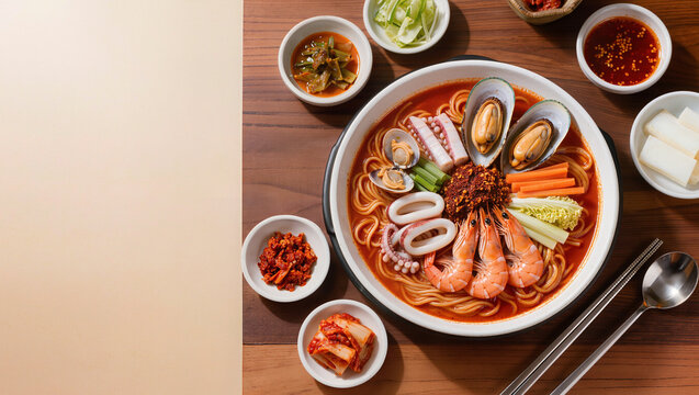Authentic Korean jjamppong seafood noodles with mussels shrimp squid and vegetables served on white bowl with banchan warm wooden table Korean cuisine styling, editorial food with copy space