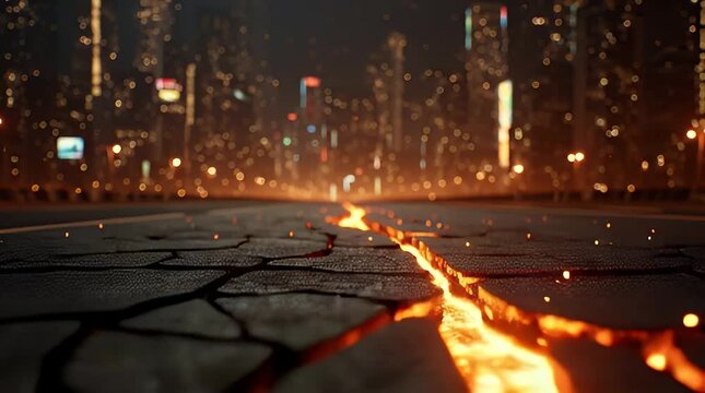 Apocalyptic Road Cracked Open Revealing Fiery Core Beneath Cityscape at Night