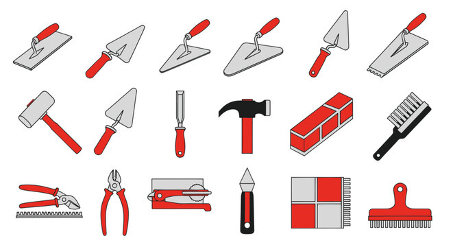 Construction Tools Collection: Trowels, Hammer, Brushes, Pliers, Stapler & More