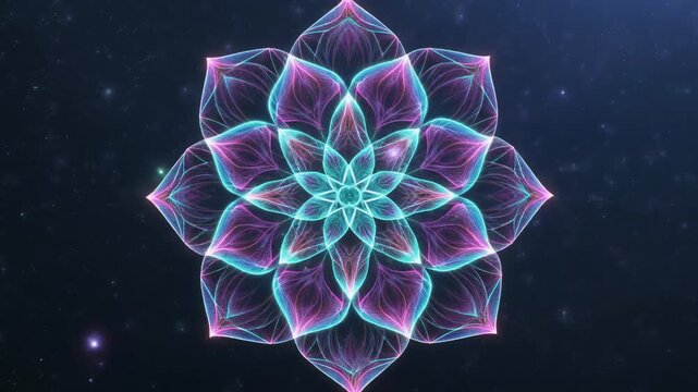Vibrant purple and blue flower-like design glows on a dark starry night background.
