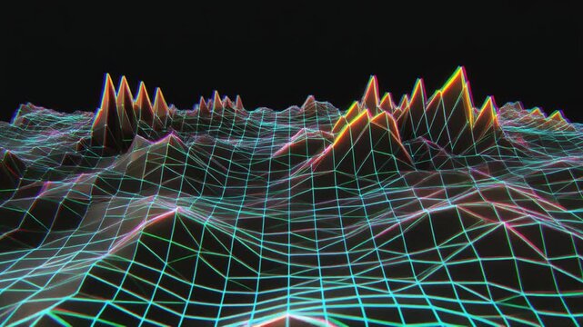Vibrant 3D graph displays colorful grid and spiky peaks on a black background with a futuristic digital landscape