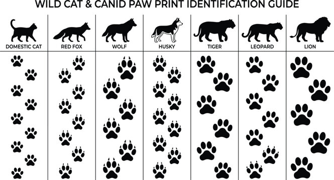 Wild Cat and Canid Paw Print Identification Guide Featuring Animal Tracks, Wildlife Footprints and Educational Nature Chart