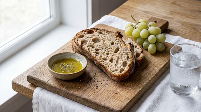 Mediterranean breakfast with sourdough bread slices olive oil dip and fresh green grapes on a wooden board