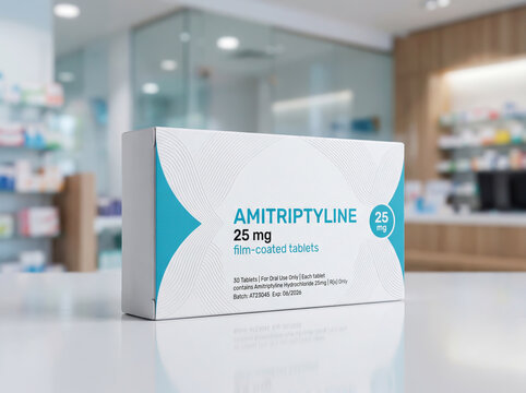 Amitriptyline 25 mg antidepressant medication package on a pharmacy counter