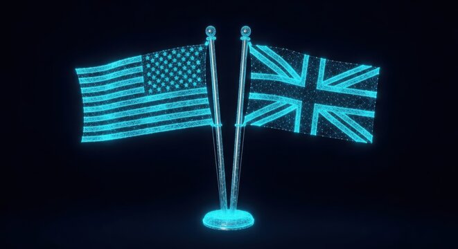 American and british flags on a desk stand against black background illustration