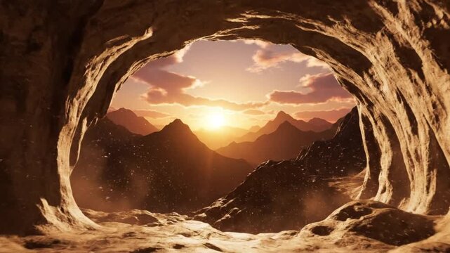 Realistic cinematic footage inside a wide stone cave with cozy peaceful atmosphere smooth rocky walls warm natural lighting and calm shelter aesthetic large cave entrance overlooking dramatic mountain