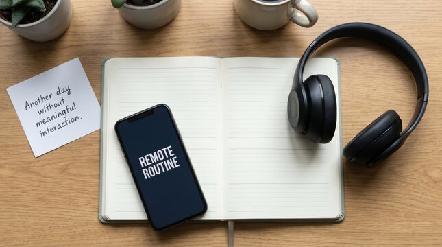 Remote Work Loneliness: Planner, Phone, and Headphones on Desk