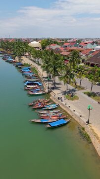 Aerial panoramic view of Hoi An city, Da Nang province, Vietnam. Panoramic footage of Hoian ancient town, UNESCO world heritage. One of the most travel popular touristic destinations 
