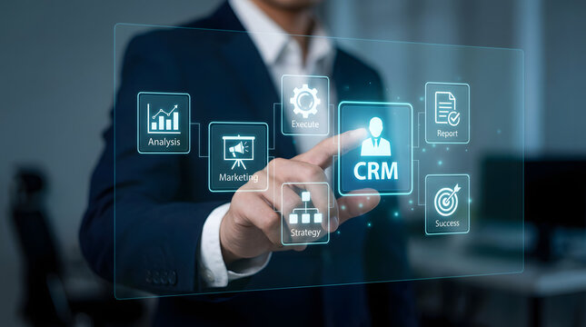Businessman interacts with crm software interface for customer relationship management