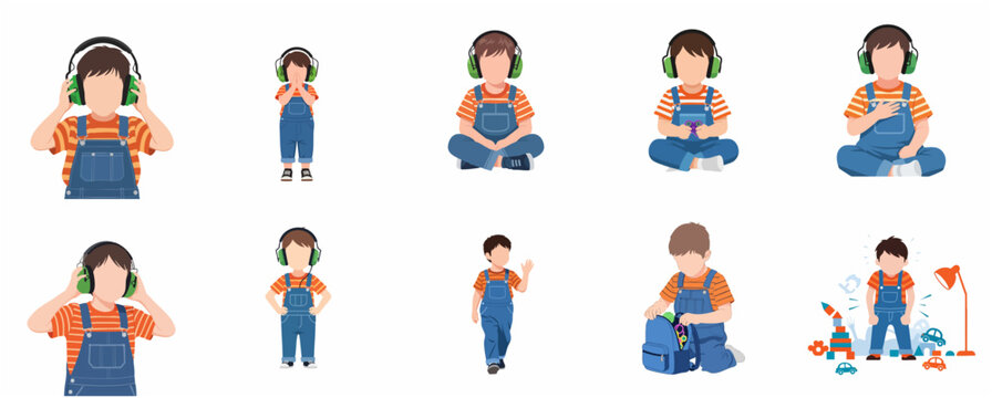 Neurodiversity and autism spectrum disorder concept set featuring a boy with noise-canceling headphones, fidget toys, and sensory overload. Flat vector character illustration.
