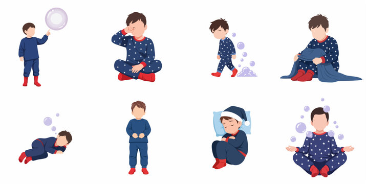Collection of boy characters in blue pajamas, sleepy child in various poses like sleeping, dreaming, and meditation, bedtime routine vector illustrations isolated on white background.
