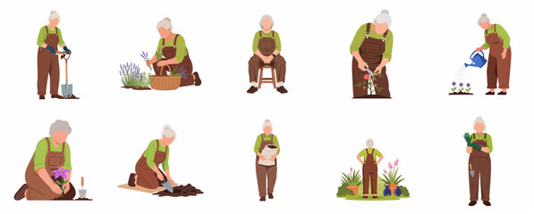 Senior Woman Gardening Character Set, Elderly Lady Planting Flowers and Watering Plants Flat Vector Illustration © Nadana