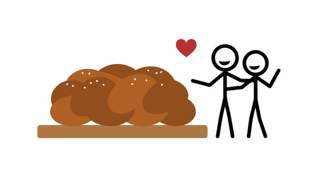 Braided challah bread on board with couple hugging and heart