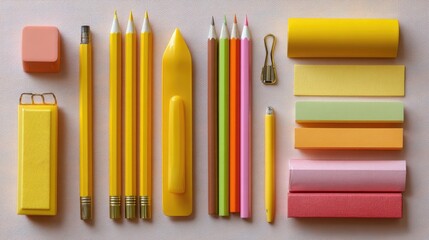 Fototapeta premium Vibrant Yellow and Colorful Stationery Items for Creative Moments and Organized Workspaces