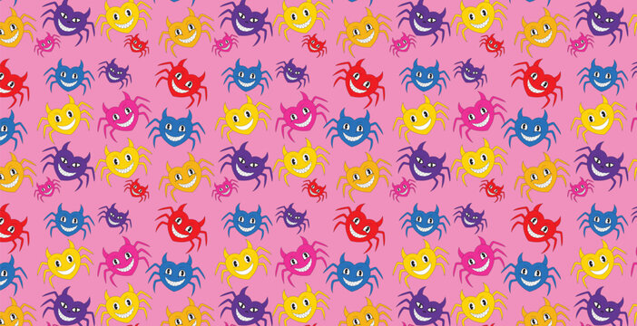 Seamless pattern with cute cartoon heart spiders with devil horns and big smiles on a pink background