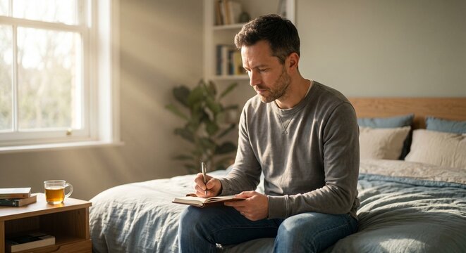 Man Writing in Journal in Sunlit Bedroom