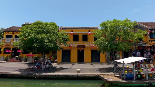 Aerial panoramic view of Hoi An city, Da Nang province, Vietnam. Panoramic footage of Hoian ancient town, UNESCO world heritage. One of the most travel popular touristic destinations 