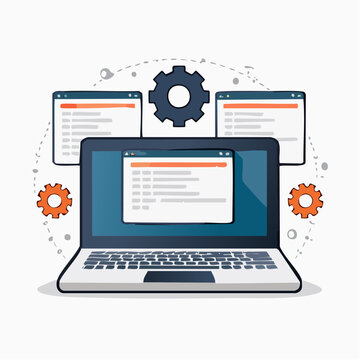 Laptop with code windows and gears illustration