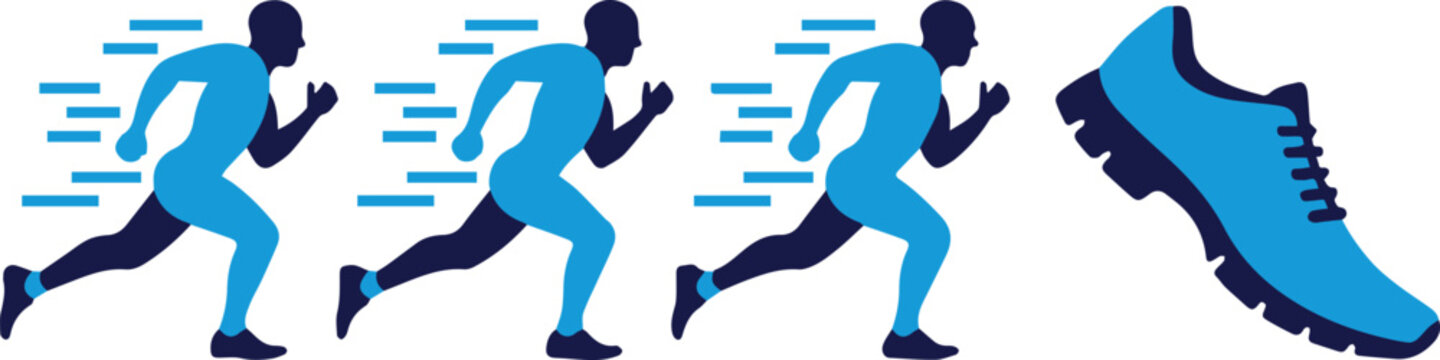 runner forward progression silhouettes accelerating into shoe logo mark