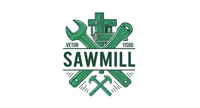 Vintage Sawmill Logo with Tools - Woodworking, Carpentry, Industry Emblem