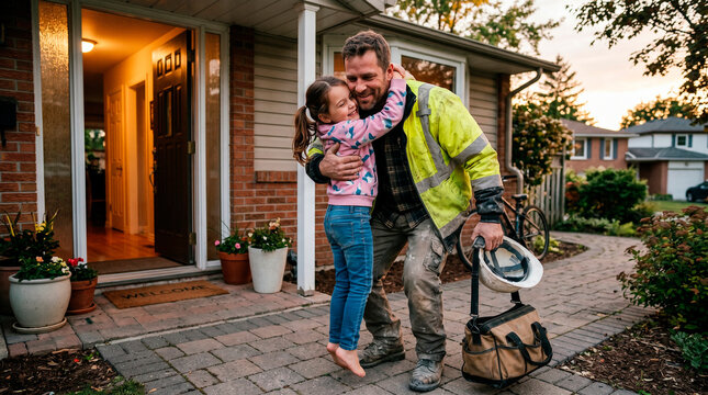 A father in work clothes hugs his daughter warmly on the porch of their house. The father is holding a hard hat and a tool bag, suggesting he has just returned from work.