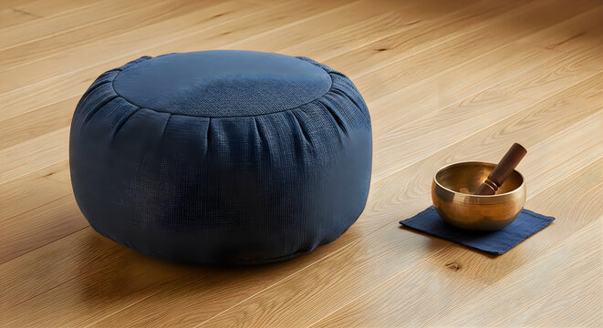 Blue meditation cushion zafu and brass singing bowl with wooden mallet on light wood floor.