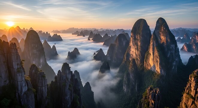 Sunrise over a sea of fog surrounds towering mountain peaks landscape