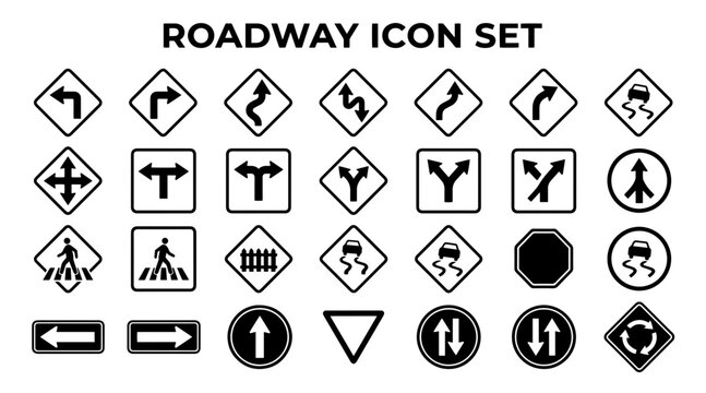 A comprehensive set of black and white icons representing various traffic signs, road directions, and safety symbols.