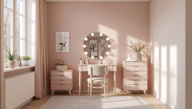 Generative AI creates a cozy pastel-colored dressing room with elegant furniture
