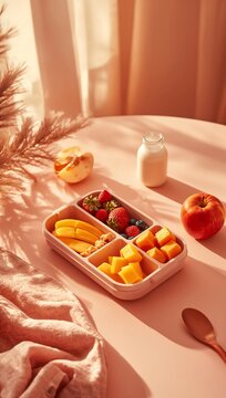 Generative AI depicts a cozy breakfast scene with fresh fruit and breakfast essentials