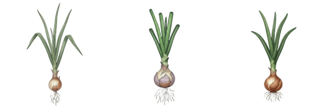 Onion plant, Allium cepa, Amaryllidaceae family, medicinal bulbous herb profile, subterranean tunicated bulb structure hollow cylindrical green leaves, biennial botanical specimen architectural layout
