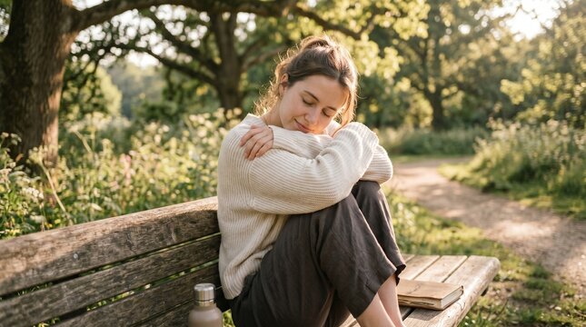 A young woman sits alone on a park bench, eyes closed, embracing herself in a moment of quiet contemplation. Sunlight filters through the trees, casting a warm glow on the serene scene