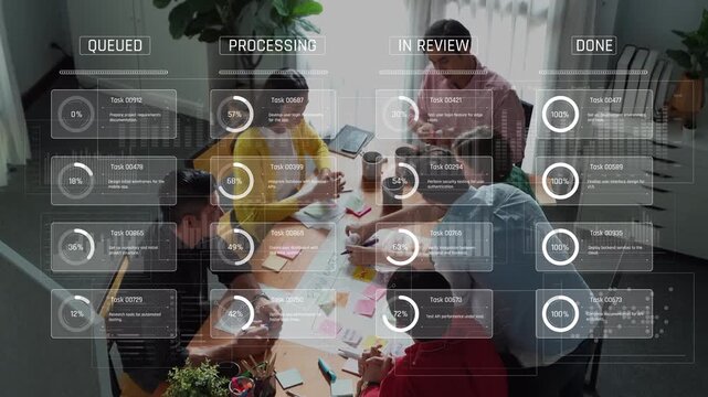 A diverse team works together in an office, reviewing project tasks and progress with a clear focus on collaboration and productivity in a modern workspace. Raster