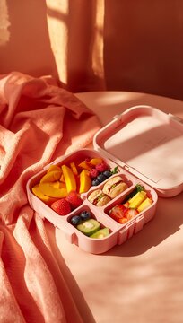 Generative AI depicts a packed lunchbox with a variety of healthy snacks on a sunlit table