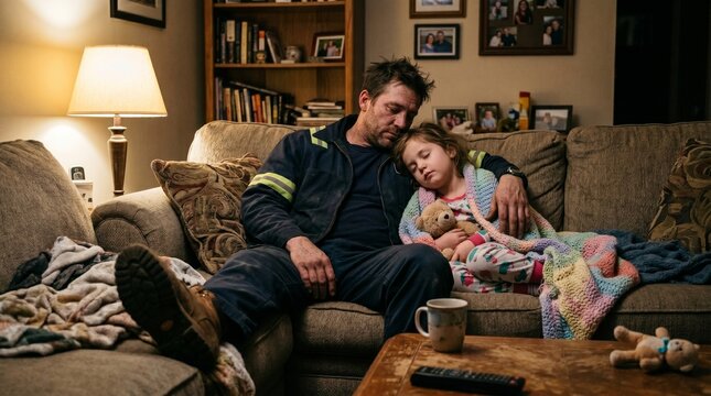 A tired father in work clothes holding his sleeping daughter on the couch, a symbol of hard work and family love. The scene is set in a cozy living room with a warm lamp light