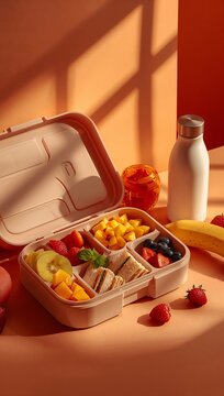Generative AI captures a colorful, healthy lunch box with assorted fruits and vegetables