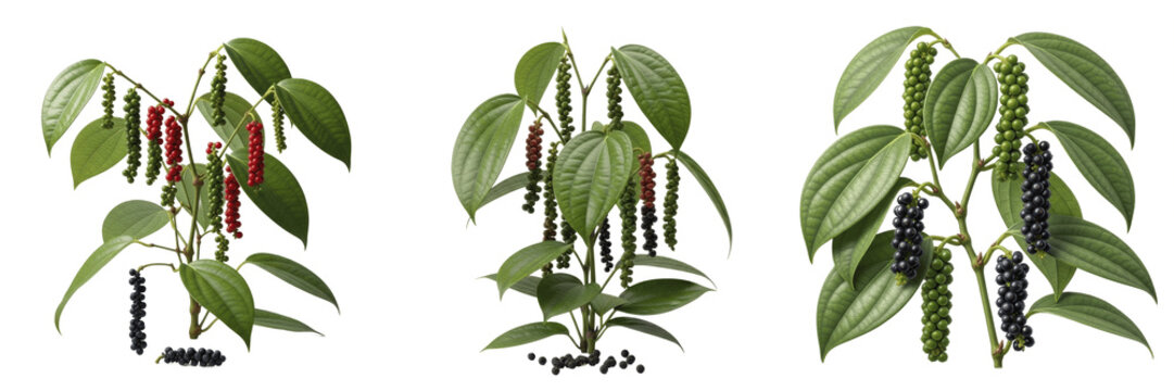 Black pepper plant, Piper nigrum, Piperaceae family, aromatic medicinal spice vine profile, spherical peppercorns drupe fruits visible hanging spikes, woody climbing botanical specimen layout index