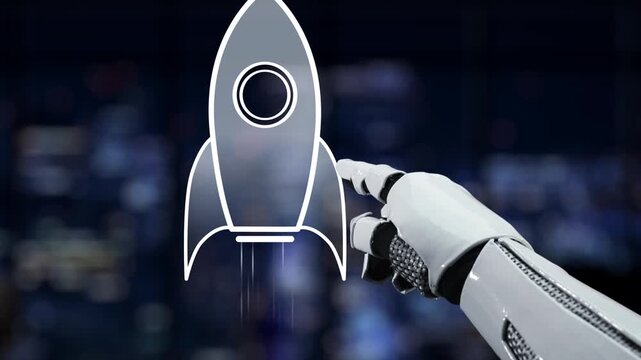 A futuristic robotic hand points towards a digital rocket icon, symbolizing the spirit of innovation and exploration in technology and space within a modern workspace. Synapse