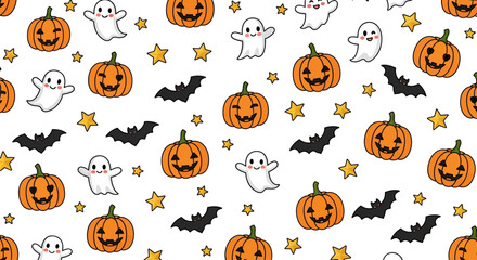 Fototapeta premium Halloween Seamless Background With Smiling Orange Pumpkins Tiny White Ghosts Black Bats and Golden Stars on Clean White Surface