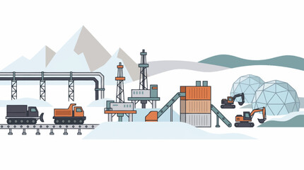 Arctic industrial landscape with oil rig and construction equipment. © Erviana