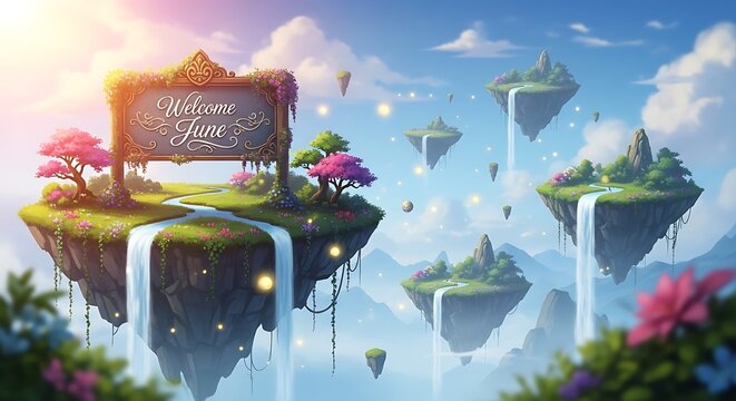 Floating Islands with Houses in Dreamy Sky Landscape Fantasy Environment
