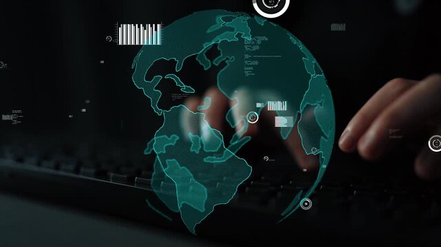 A modern composition illustrating global connectivity, featuring a hands-on keyboard interaction with a digital map display, emphasizing data flow and technological insights. Xenic