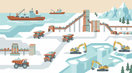 Industrial mining operation in a cold snowy landscape with heavy machinery. © Erviana