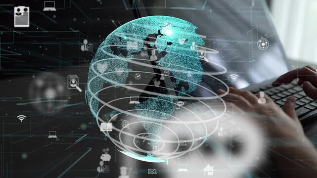 A digital illustration portraying a globe surrounded by technology icons, symbolizing global connectivity and communication in a modern workspace environment. Xenic