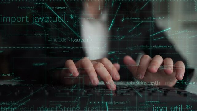 A software developer focuses on coding at a computer interface, showcasing the modern tech environment filled with complex code and binary elements. Xenic