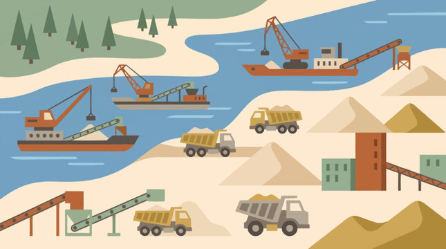 Industrial river scene with dredging and construction equipment.
