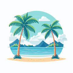 Obraz premium Tropical Beach Scene with Palm Trees and Mountains