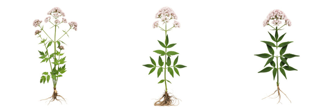 Valerian plant, Valeriana officinalis, Caprifoliaceae family, medicinal perennial herb profile, pinnately divided compound leaves tall hollow fluted stems, subterranean rhizome botanical specimen map