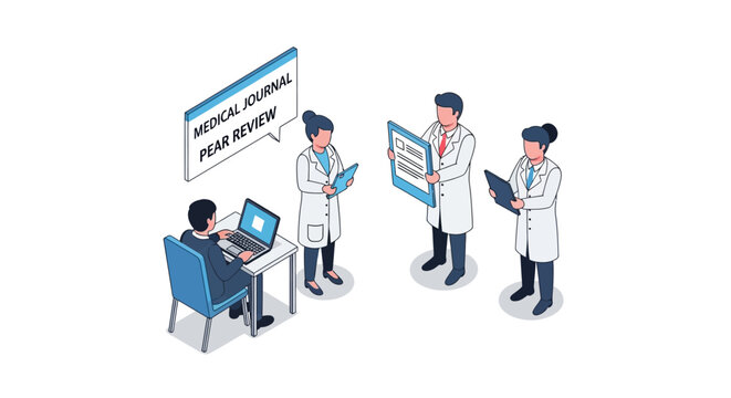 Medical professionals reviewing medical journal peer review data and information.